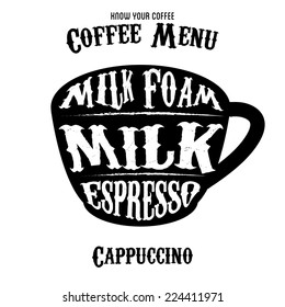 coffee menu with a cups of coffee drinks in vintage style 