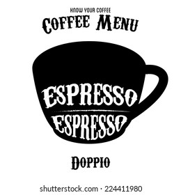 coffee menu with a cups of coffee drinks in vintage style 