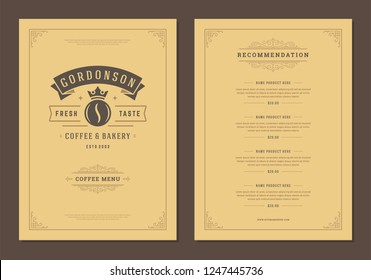 Coffee menu design brochure template. Coffee shop logo with vintage typographic decoration elements. Vector Illustration.