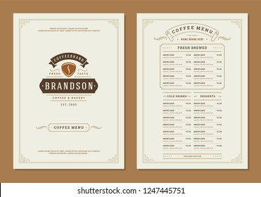 Coffee menu design brochure template. Coffee shop logo with vintage typographic decoration elements. Vector Illustration.