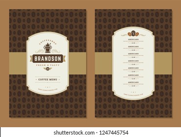 Coffee menu design brochure template. Coffee shop logo with vintage typographic decoration elements. Vector Illustration.