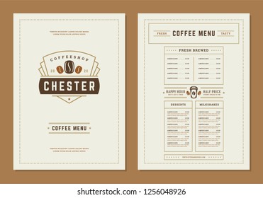 Coffee menu design brochure template. Coffee shop logo with vintage typographic decoration elements. Vector Illustration.