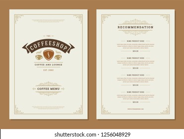 Coffee menu design brochure template. Coffee shop logo with vintage typographic decoration elements. Vector Illustration.