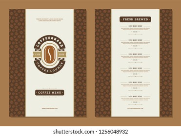 Coffee menu design brochure template. Coffee shop logo with vintage typographic decoration elements. Vector Illustration.