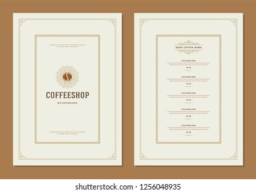 Coffee menu design brochure template. Coffee shop logo with vintage typographic decoration elements. Vector Illustration.