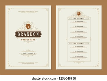 Coffee menu design brochure template. Coffee shop logo with vintage typographic decoration elements. Vector Illustration.