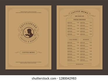 Coffee menu design brochure template. Coffee shop logo with vintage typographic decoration elements. Vector Illustration.