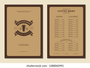 Coffee menu design brochure template. Coffee shop logo with vintage typographic decoration elements. Vector Illustration.