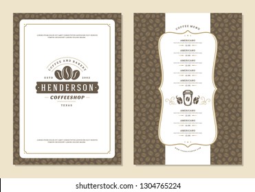 Coffee menu design brochure template. Coffee shop logo with vintage typographic decoration elements. Vector Illustration.