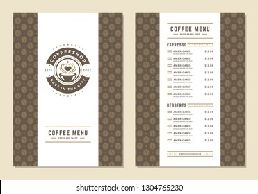 Coffee menu design brochure template. Coffee shop logo with vintage typographic decoration elements. Vector Illustration.