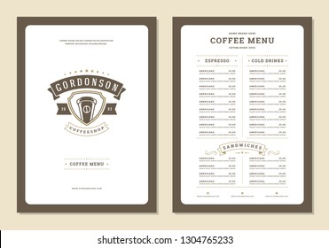 Coffee menu design brochure template. Coffee shop logo with vintage typographic decoration elements. Vector Illustration.