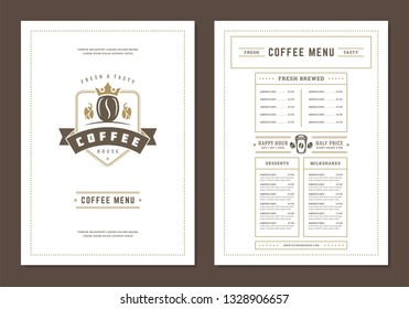 Coffee menu design brochure template. Coffee shop logo with vintage typographic decoration elements. Vector Illustration.