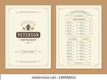 Coffee menu design brochure template. Coffee shop logo with vintage typographic decoration elements. Vector Illustration.