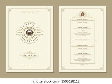 Coffee menu design brochure template. Coffee shop logo with vintage typographic decoration elements. Vector Illustration.