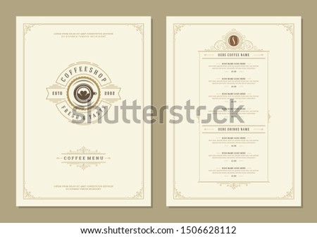 Coffee menu design brochure template. Coffee shop logo with vintage typographic decoration elements. Vector Illustration.