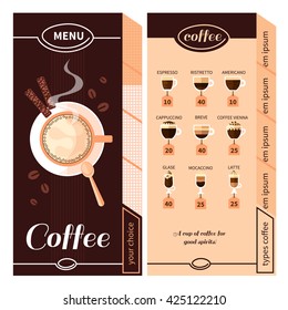 Coffee menu design for coffeehouse restaurant cafe or bar with names of coffee types plate and cigars flat vector illustration