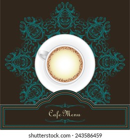 Coffee menu design with a cup and mandala in dark style