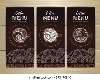 Coffee menu design. Decorative sketch of cup of coffee or tea