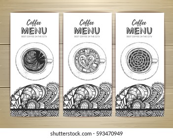 Coffee menu design. Decorative sketch of cup of coffee or tea