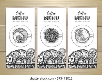 Coffee menu design. Decorative sketch of cup of coffee or tea