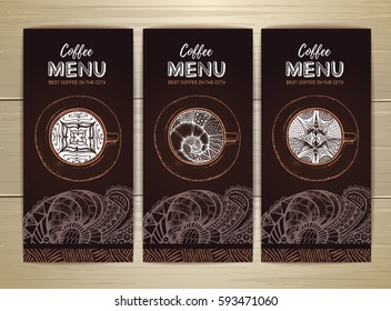 Coffee menu design. Decorative sketch of cup of coffee or tea