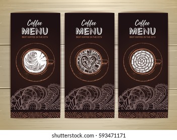 Coffee menu design. Decorative sketch of cup of coffee or tea