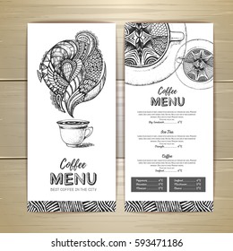Coffee menu design. Decorative sketch of cup of coffee or tea