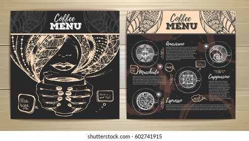 Coffee menu design. Decorative sketch of cup of coffee or tea