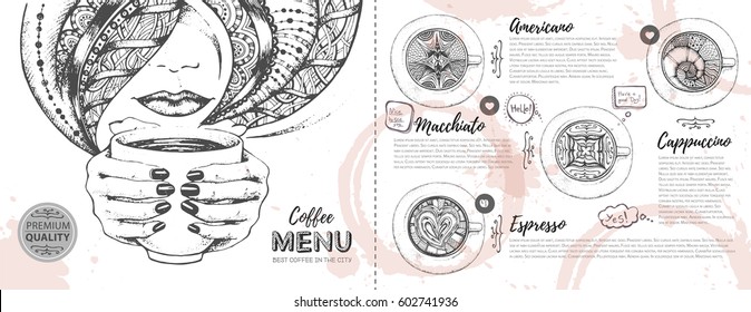 Coffee menu design. Decorative sketch of cup of coffee or tea