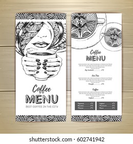 Coffee menu design. Decorative sketch of cup of coffee or tea