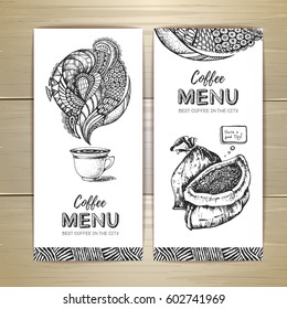 Coffee menu design. Decorative sketch of cup of coffee or tea