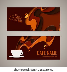 Coffee menu design - paper cut style poster for coffee shop, cafe or restaurant. Vector paper craft vintage coffee aroma background, banner, advertisement flyer