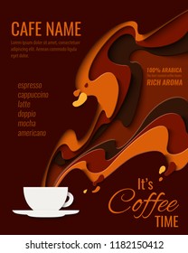 Coffee menu design - paper cut style poster for coffee shop, cafe or restaurant. Vector paper craft vintage coffee aroma background, banner, advertisement flyer