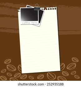 coffee menu design with photo frame on brown background, vector format
