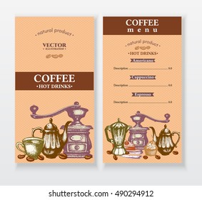Coffee menu design template black coffee latte cappuccino coffee hand drawn vector illustration  