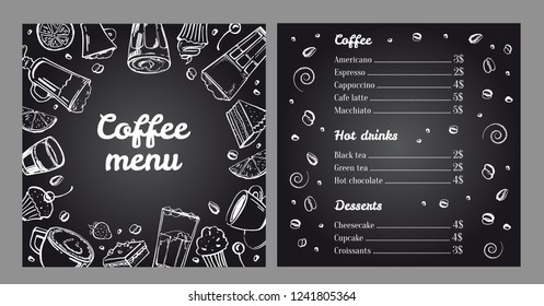 Coffee menu design template. Cover and list of hot drinks and desserts. Vector outline monochrome hand drawn illustration on blackboard background