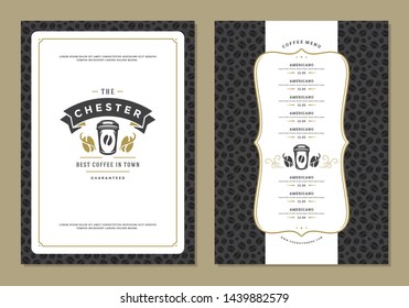 Coffee menu design template flyer for bar or cafe with offee shop logo cup symbol and vintage typographic decoration elements. Vector Illustration.