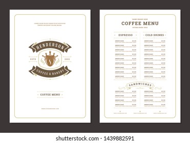 Coffee menu design template flyer for bar or cafe with coffee shop logo bean with crown symbol and vintage typographic decoration elements. Vector Illustration.