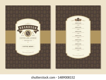 Coffee menu design template flyer for cafe with coffee shop bean symbol and vintage typographic decoration elements. Vector Illustration.
