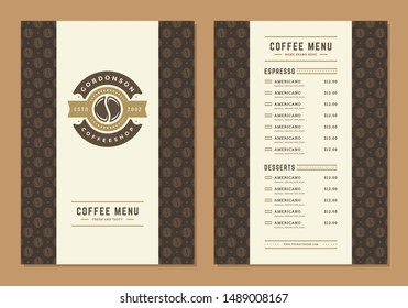 Coffee menu design template flyer for cafe with coffee shop bean symbol and vintage typographic decoration elements. Vector Illustration.