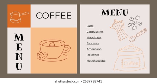Coffee menu design template. Layout for cafe with coffee and hot drinks. Print for branding. Vector illustration