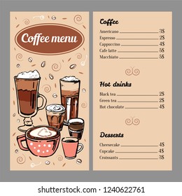 Coffee menu design template with list of hot drinks and desserts. Vector outline colorful hand drawn illustration on brown background