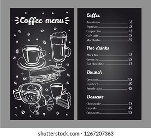 Coffee menu design template with list of hot drinks and desserts. Cover with graphic mugs and food. Vector outline hand drawn illustration on blackboard background