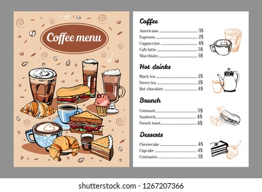 Coffee menu design template with list of hot drinks, food and desserts. Cover  with colorful mugs, sandwiches and cakes. Vector outline colorful hand drawn illustration on brown background