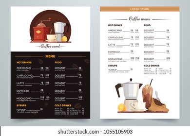 Coffee menu design with text and illustration. Vector Coffee card a4 template. White and dark background. Decorative elements for menu, cafe, flyer, advertising, etc. Eps 10.