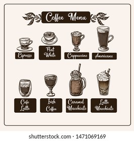 
Coffee menu with different drinks. Vector.