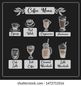 Coffee menu with different drinks. Vector.