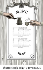 Coffee menu. Female hands with a coffee cup. Coffee concept. Vintage engraving stylized drawing. Vector illustration