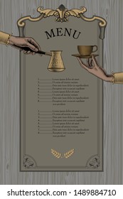 Coffee menu. Female hands with a coffee cup. Coffee concept. Vintage engraving stylized drawing. Vector illustration