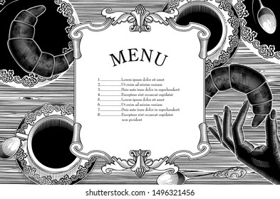 Coffee menu. Female hands with a coffee cups. Coffee concept. Vintage engraving stylized drawing. Vector illustration